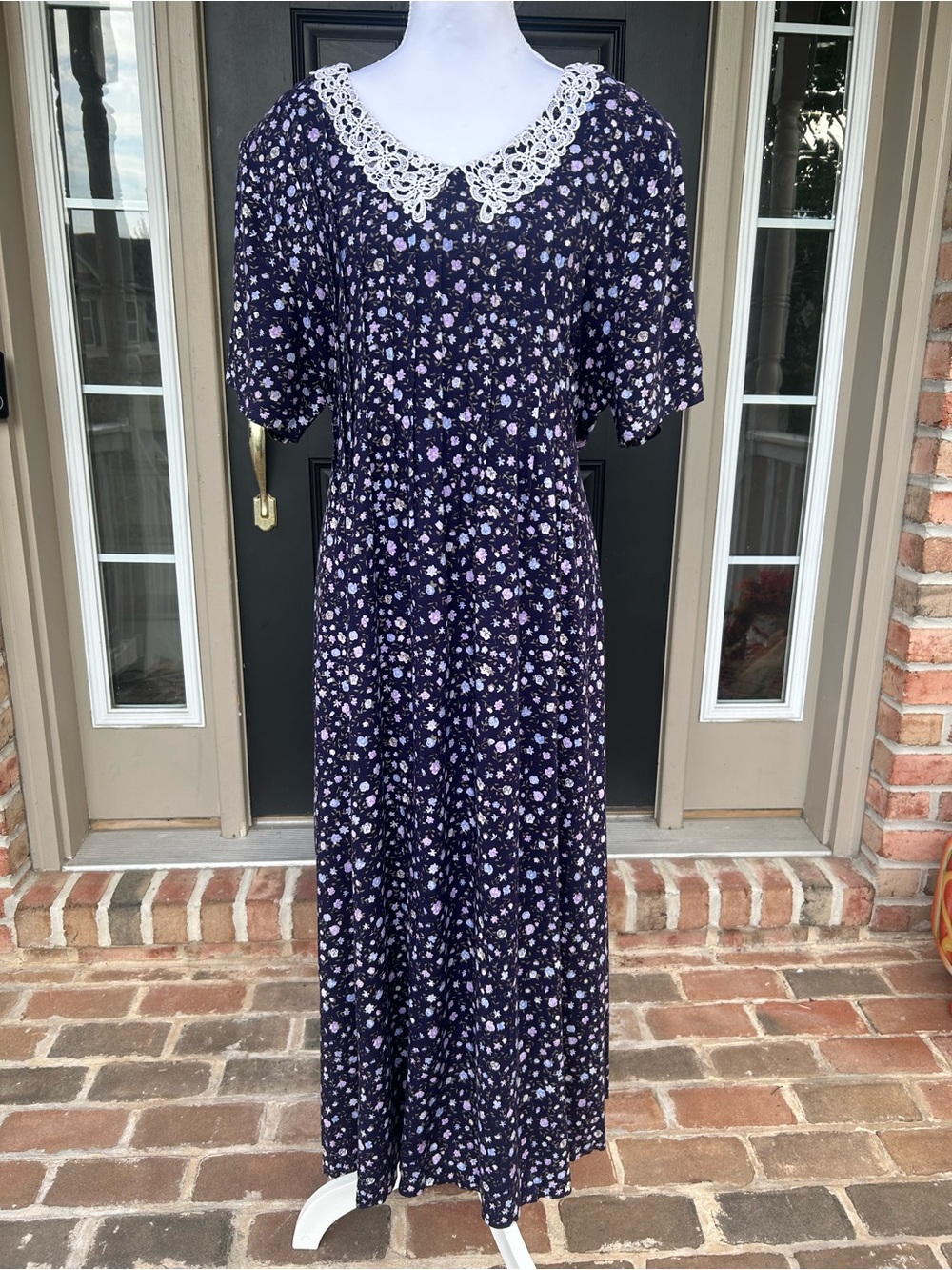 Vintage 90s ditsy floral maxi dress lace Peter Pan collar cottagecore XL 16